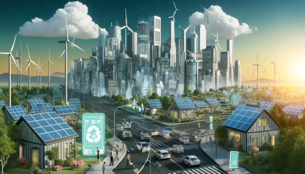 entirely by renewable energy sources. The cityscape should feature solar panels 